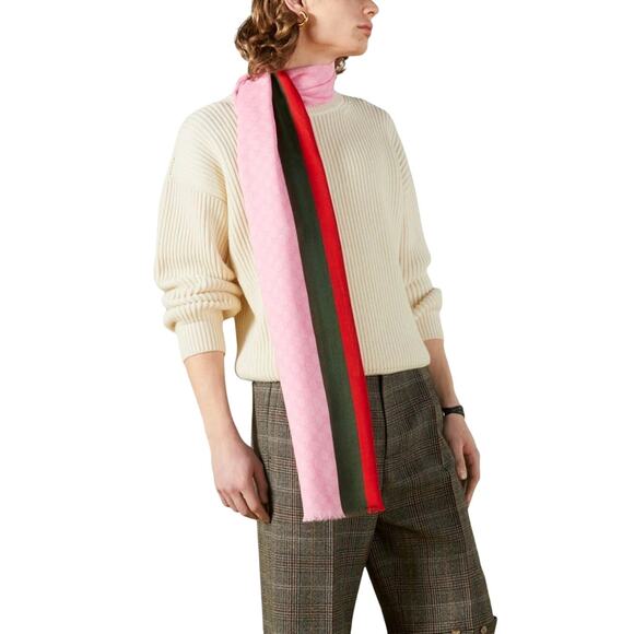 NWT GUCCI PINK WOOL GG SCARF WITH GREEN & RED WEB 55in x 55in IN BOX - Picture 2 of 16